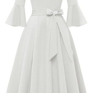 Women's Church Dresses for 2025 Wedding Guest Cocktail Tea Party Bell Sleeve Vin